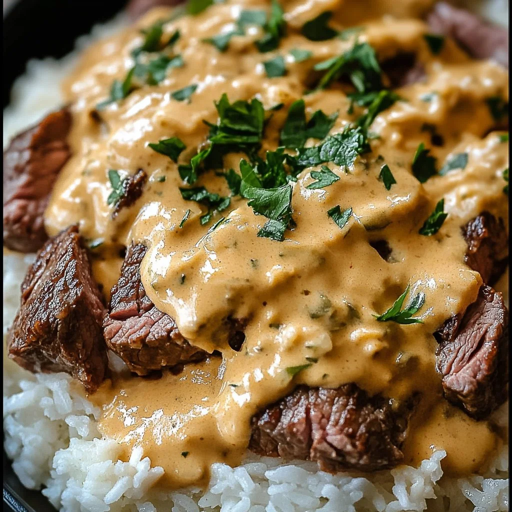 Delicious Steak Queso Rice topped with melted queso and tender steak pieces