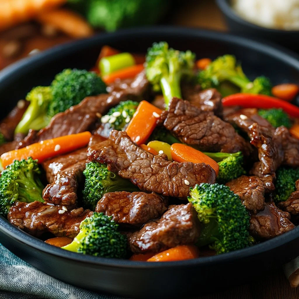 Delicious steak stir fry with colorful vegetables served in a bowl