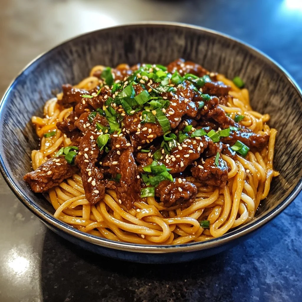 Delicious sticky beef noodles served in a bowl with fresh herbs