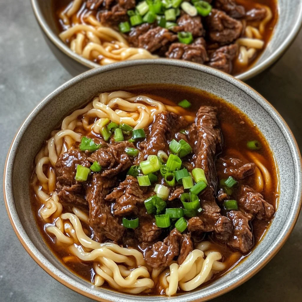 Delicious sticky beef noodles served in a bowl with fresh herbs