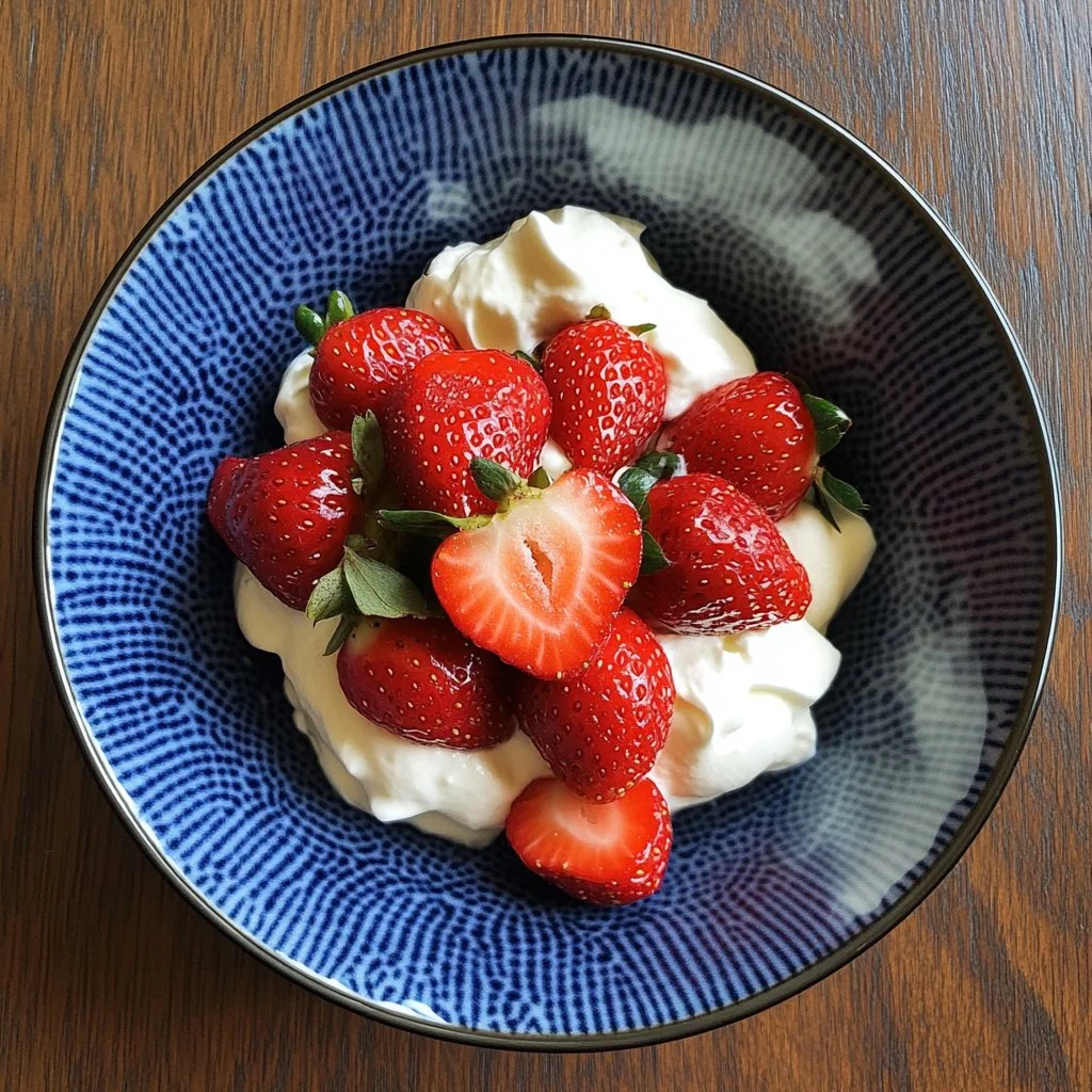 Fresh strawberries topped with rich cream, a perfect dessert treat.
