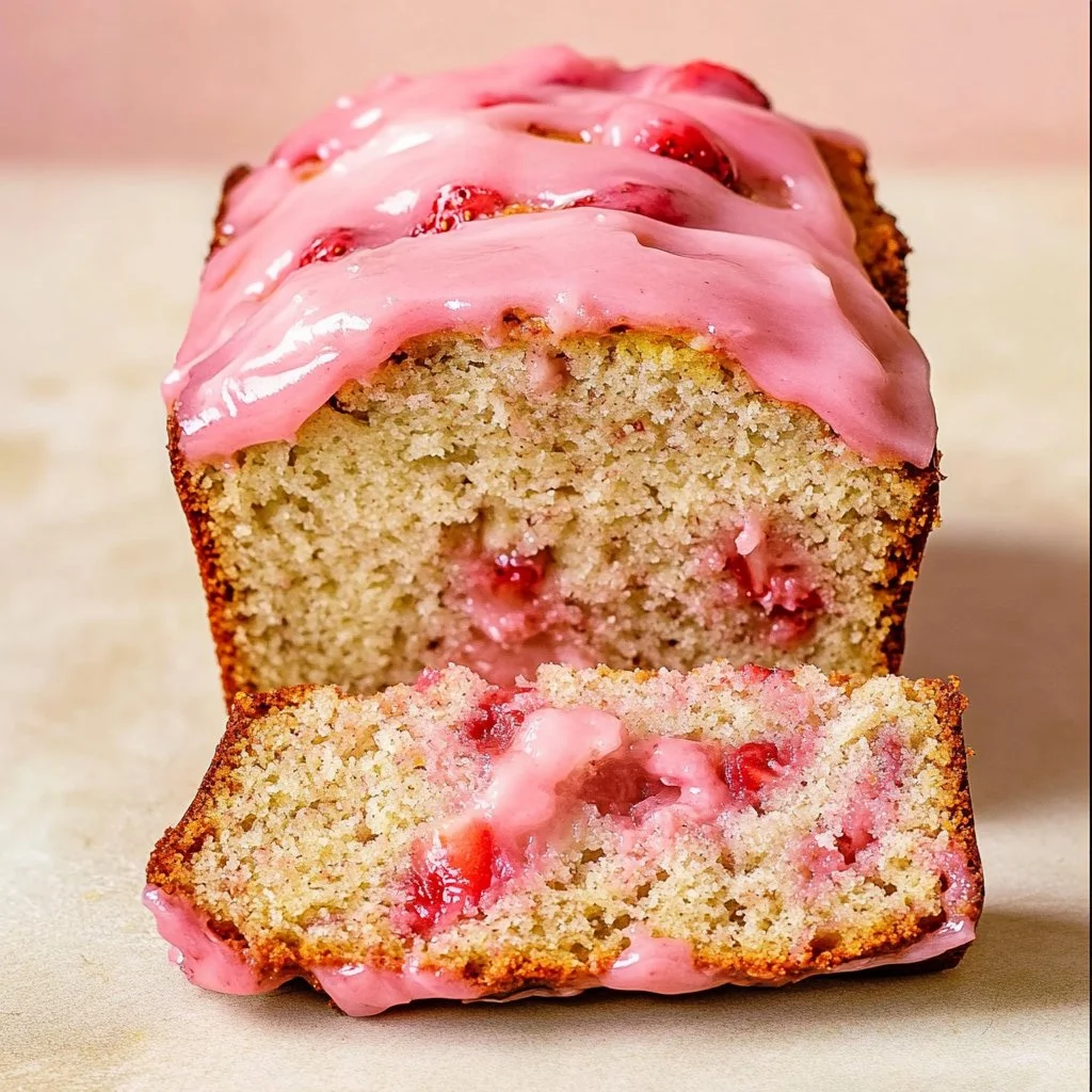 Delicious homemade Strawberry Banana Bread with fresh strawberries and bananas.