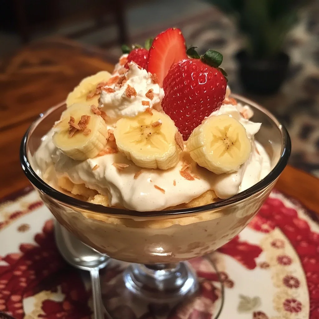 Delicious strawberry banana pudding in a serving dish topped with fresh strawberries.