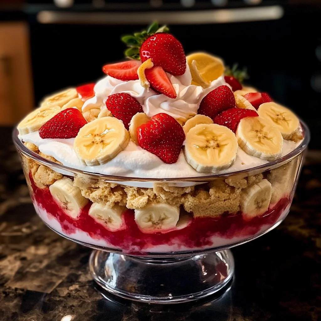 Delicious strawberry banana pudding in a serving dish topped with fresh fruit.
