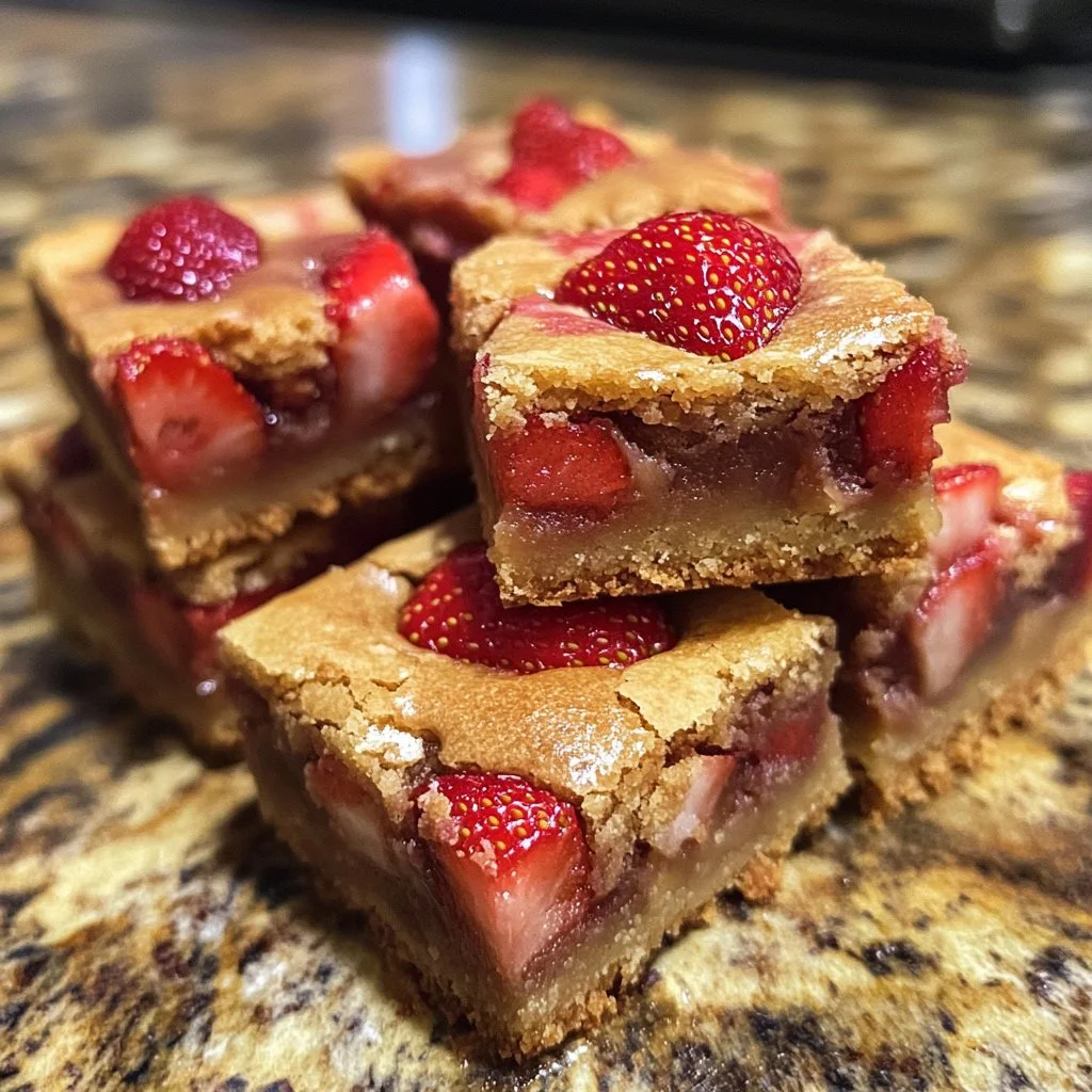 Delicious homemade strawberry blondies on a dessert plate.