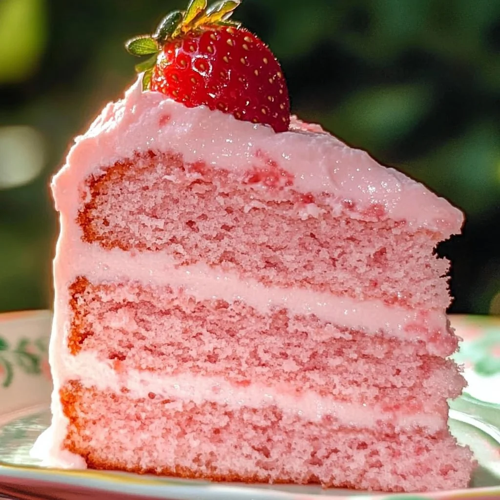Delicious homemade strawberry cake garnished with fresh strawberries.