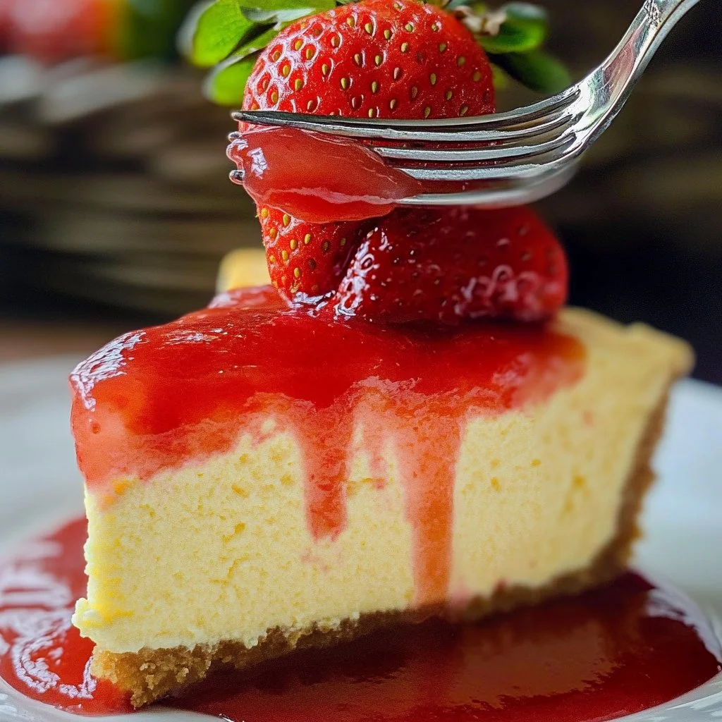 Delicious homemade strawberry cheesecake with fresh strawberries on top