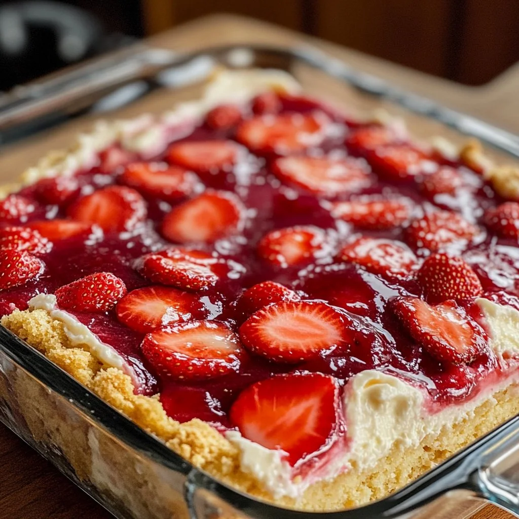 Delicious Strawberry Cheesecake Dump Cake topped with fresh strawberries and whipped cream