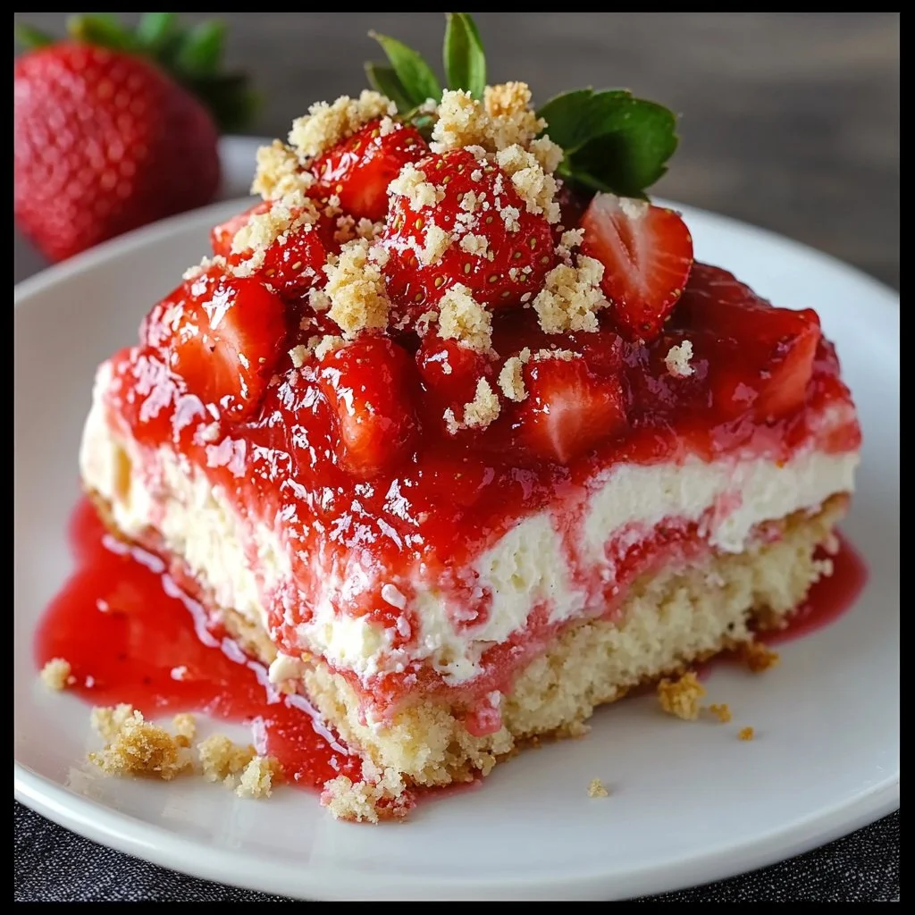 Delicious strawberry cheesecake dump cake served on a plate