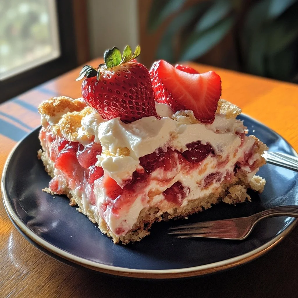 Delicious Strawberry Cheesecake Dump Cake topped with fresh strawberries and whipped cream.