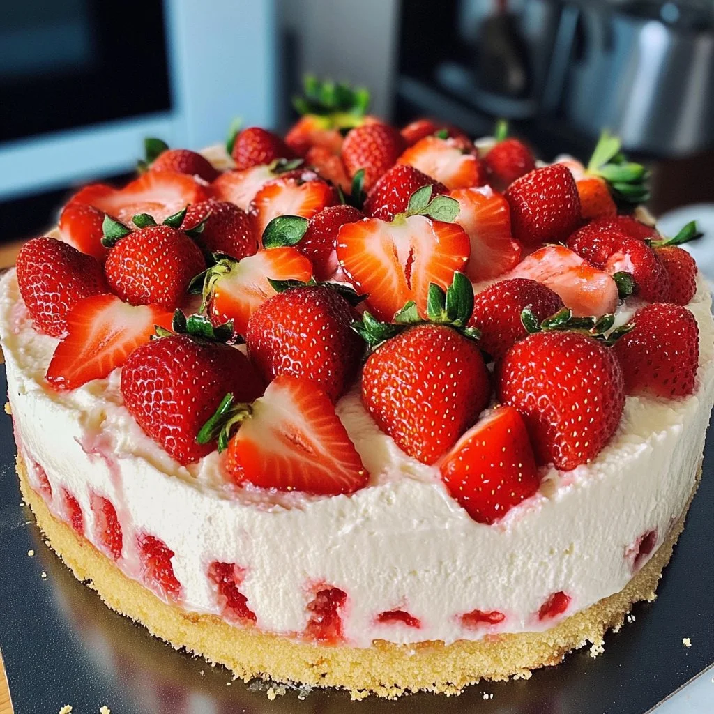 Strawberry cheesecake poke cake displayed on a plate with fresh strawberries.