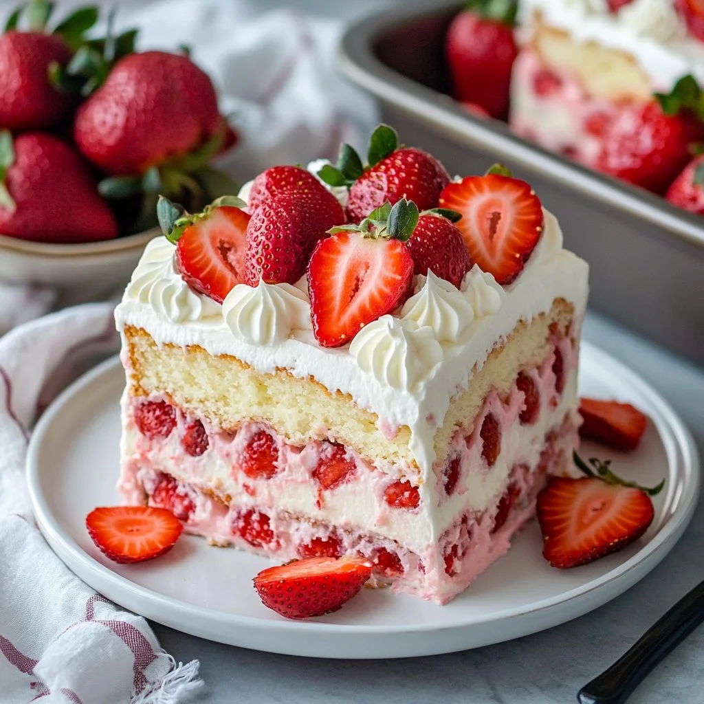 Delicious Strawberry Cheesecake Poke Cake topped with fresh strawberries