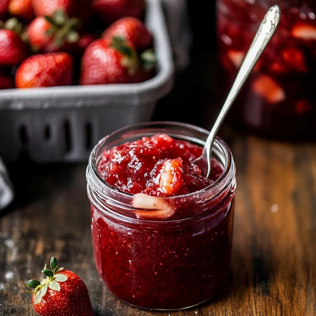 Delicious homemade strawberry compote in a glass bowl with fresh strawberries