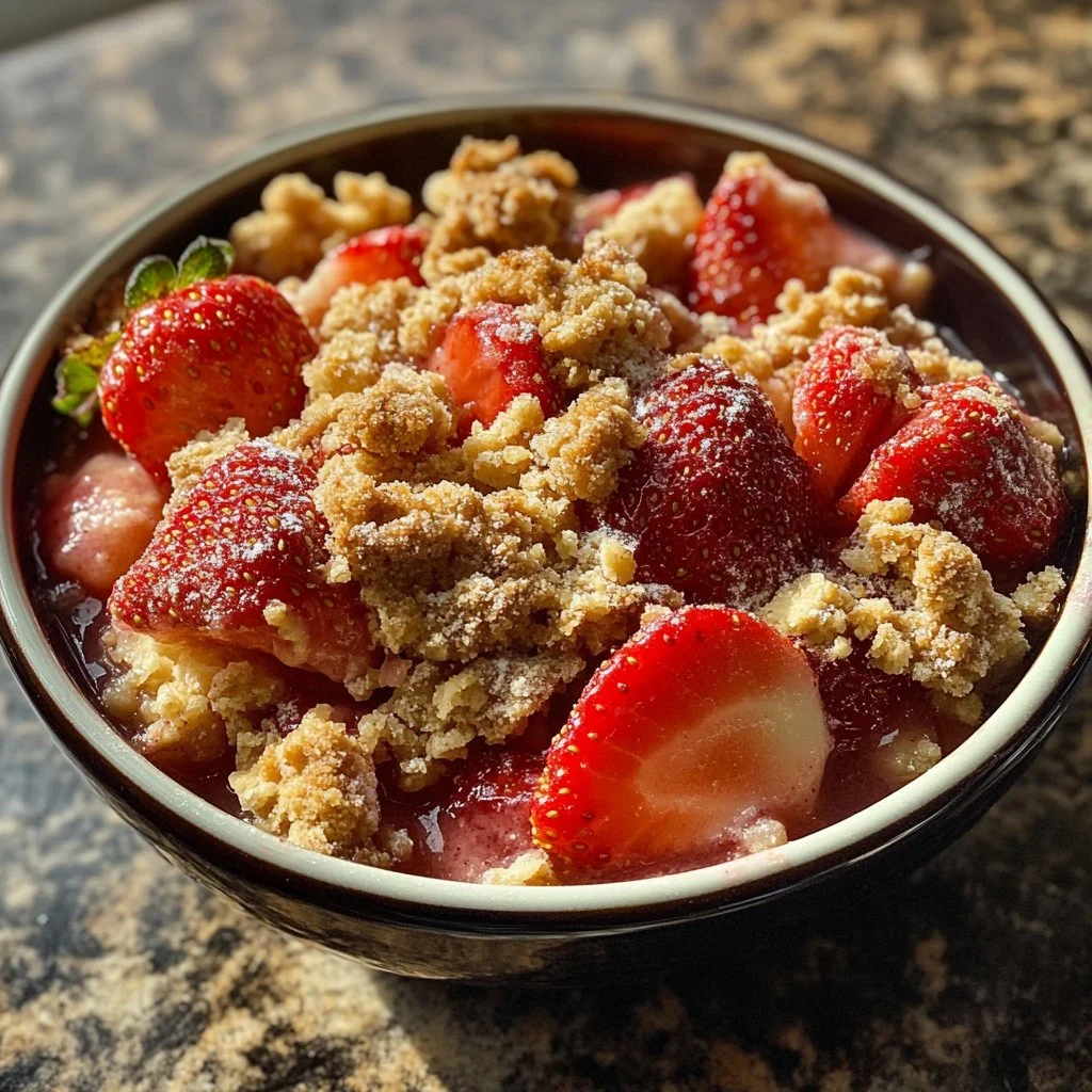 Delicious strawberry crumble dessert topped with a crunchy crumble.