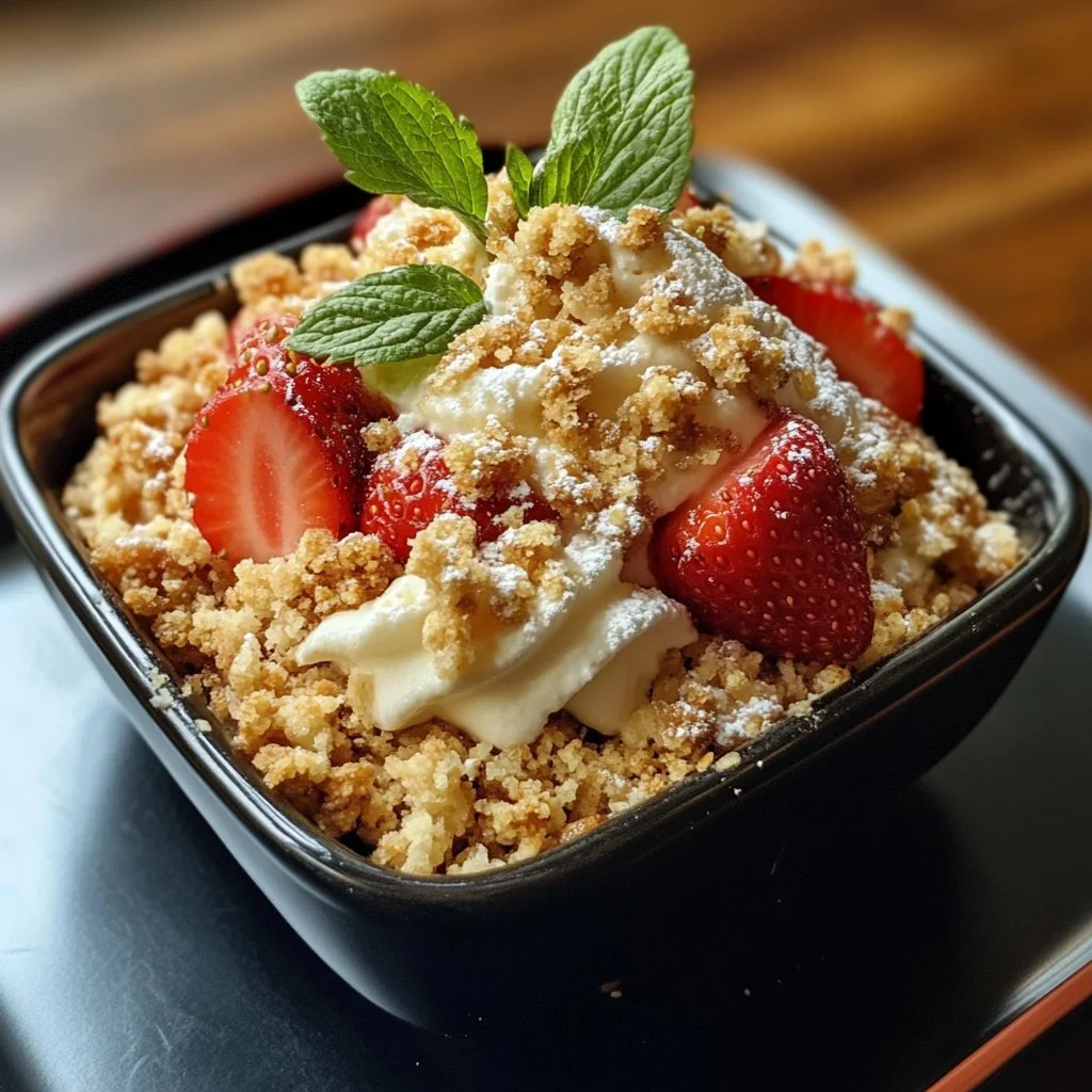 Delicious homemade strawberry crumble dessert topped with a buttery crumble