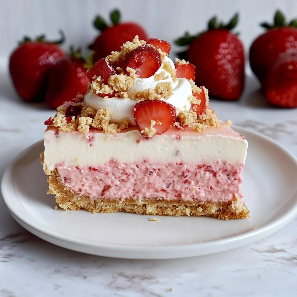 Slice of Strawberry Crunch Cheesecake with fresh strawberries on top