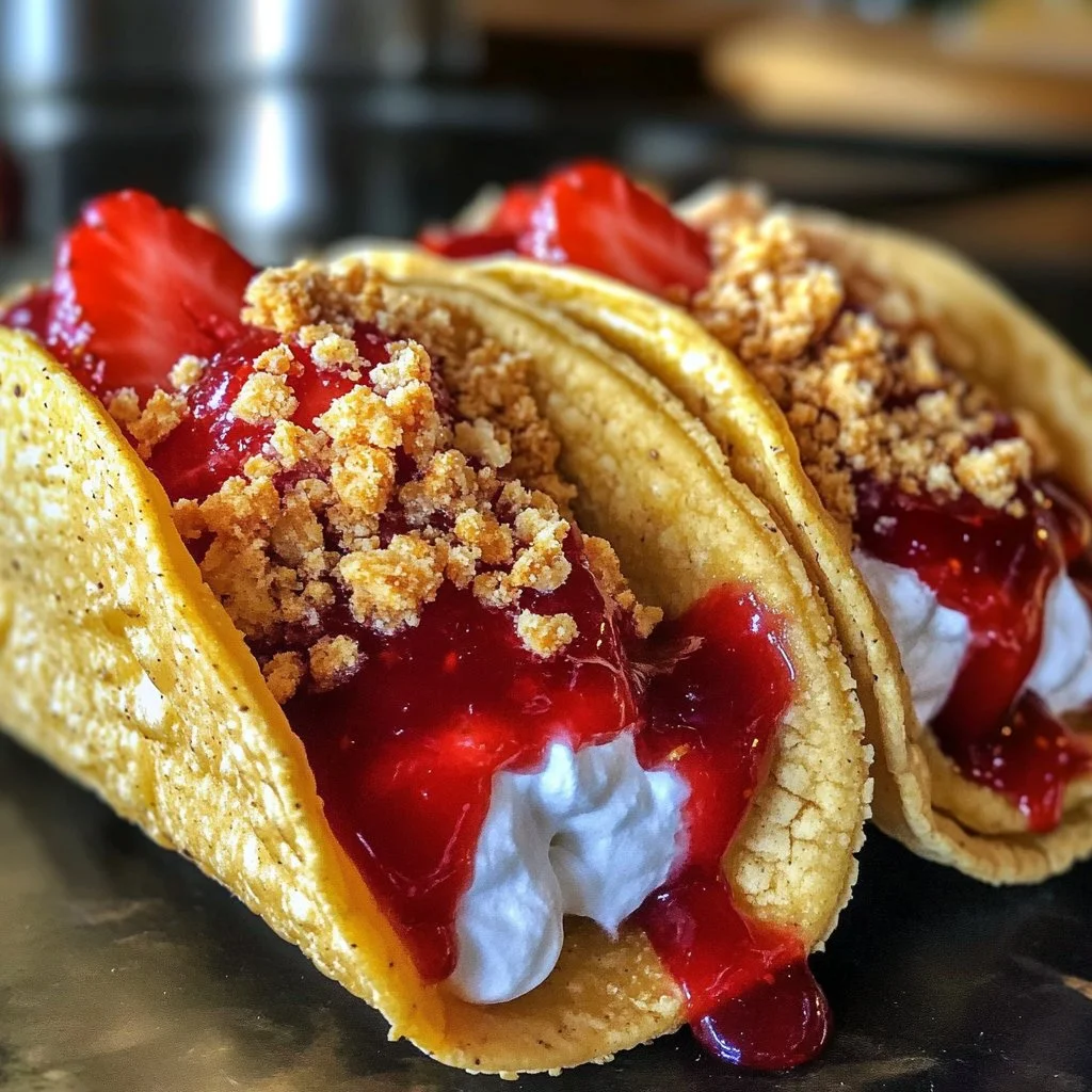 Delicious strawberry crunch cheesecake tacos on a plate
