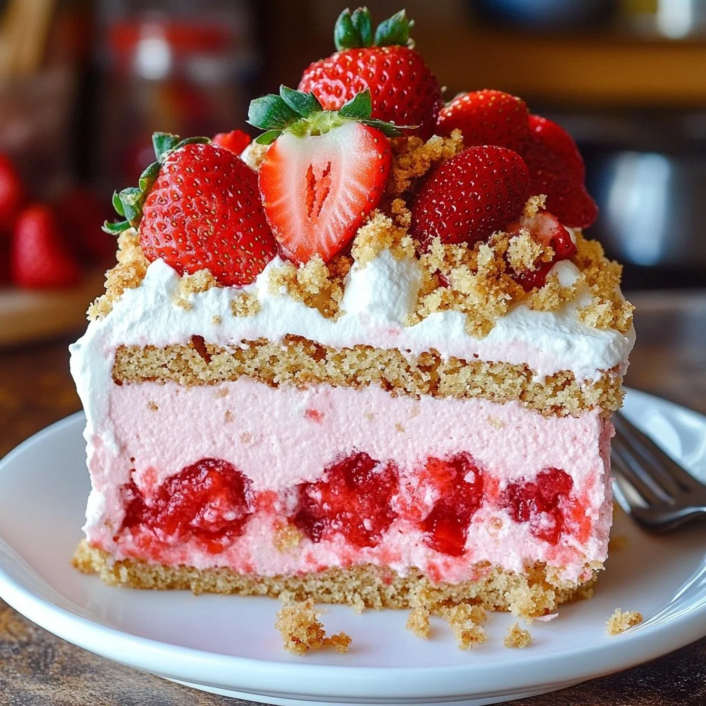 Delicious strawberry crunch poke cake topped with whipped cream and strawberries