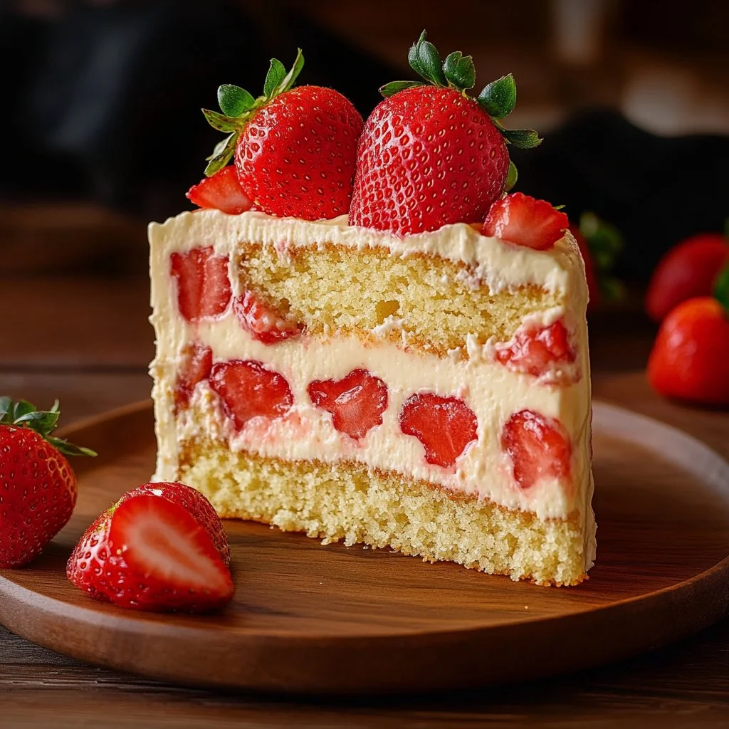 Delicious Strawberry Custard Cake topped with fresh strawberries and creamy custard