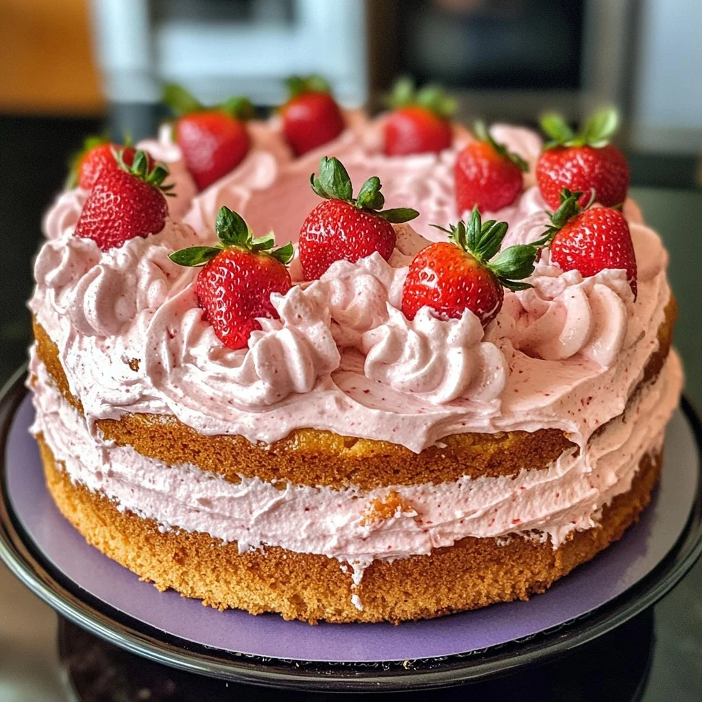 Strawberry Honeybun Cake topped with strawberry cream icing on a plate.