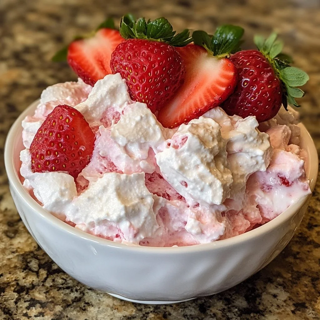 Delicious Strawberry Jello Fluff Salad served in a bowl with fresh strawberries.
