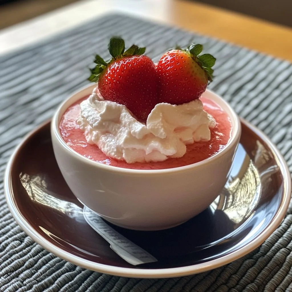 Delicious strawberry mousse topped with fresh strawberries and whipped cream.