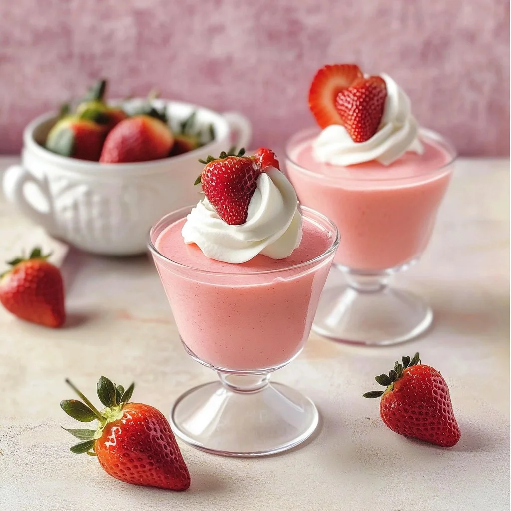 Delicious strawberry mousse dessert topped with fresh strawberries and mint.