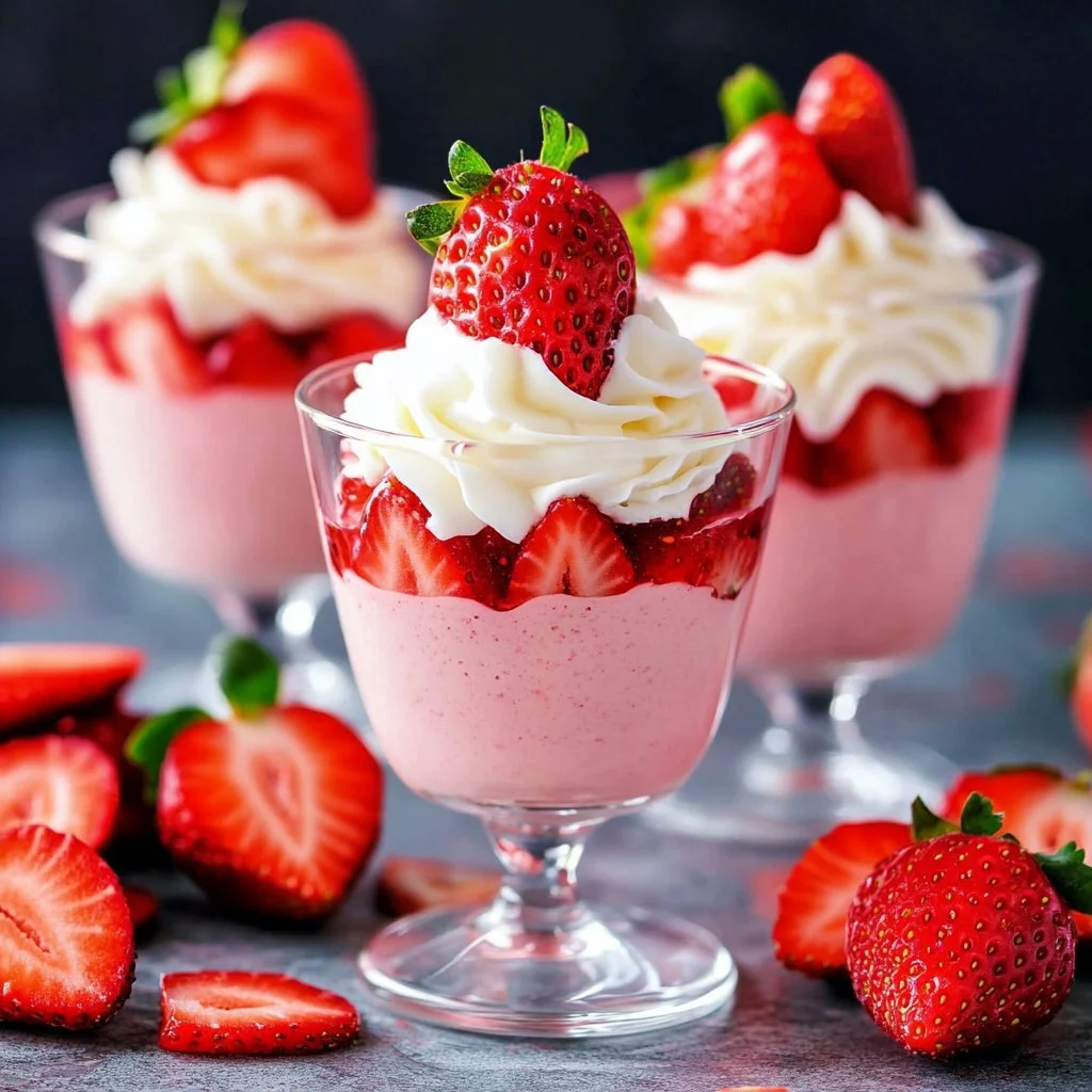 Delicious homemade strawberry mousse served in elegant dessert cups