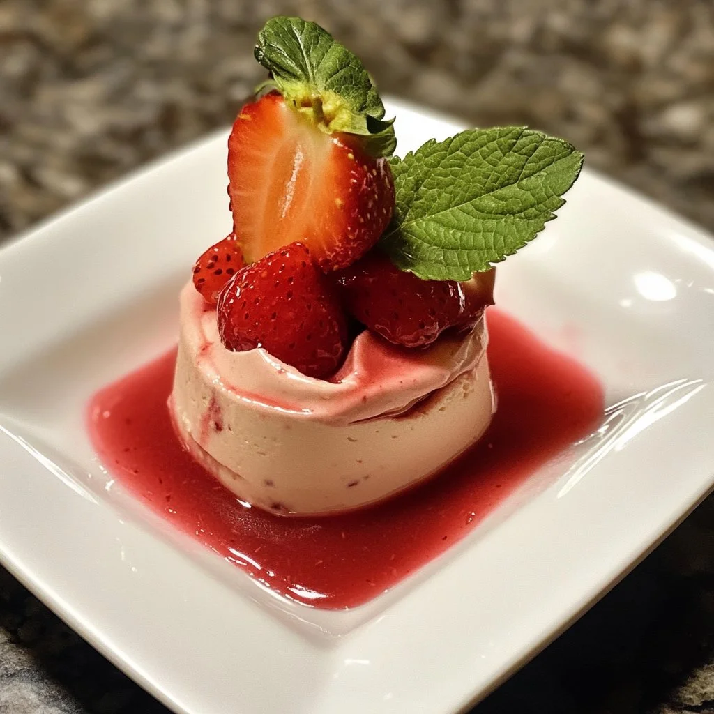Delicious strawberry mousse topped with fresh strawberry sauce in a glass dish.