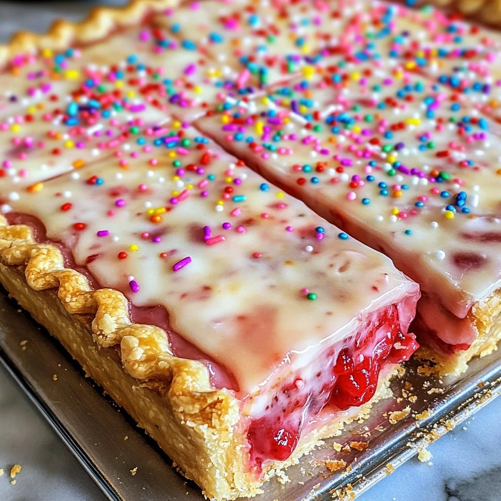 Strawberry Pop Tart Slab Pie topped with icing and fresh strawberries