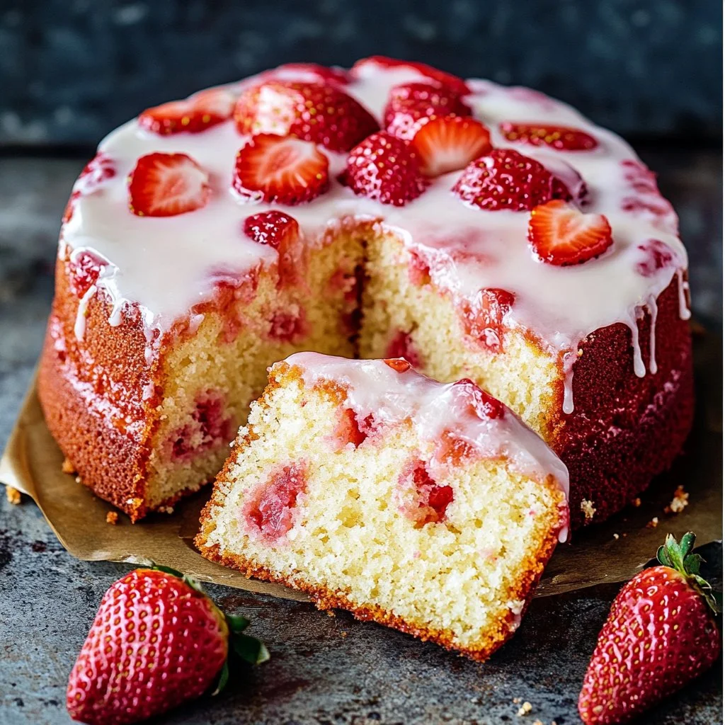 Delicious homemade Strawberry Pound Cake topped with fresh strawberries.
