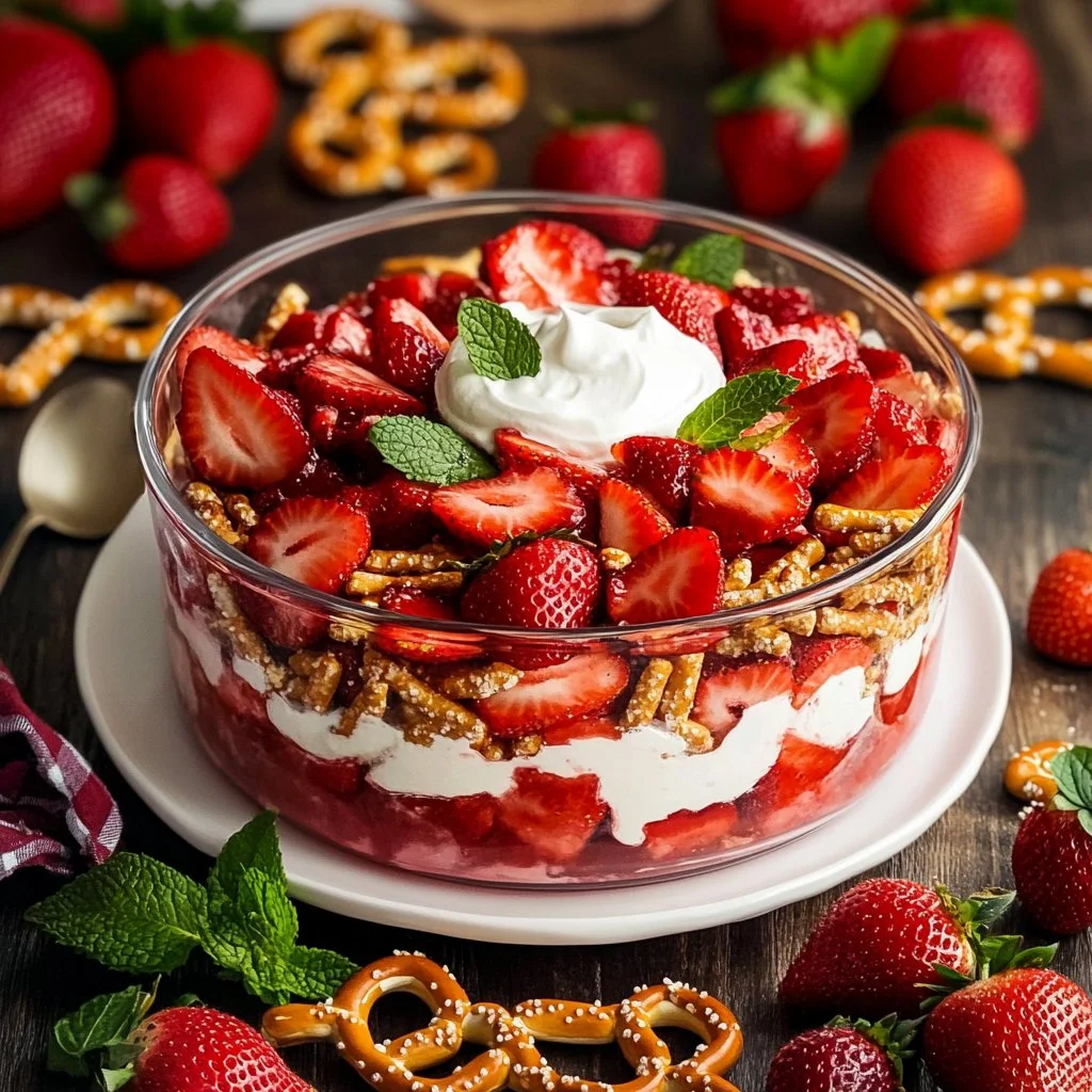 Delicious Strawberry Pretzel Salad layered with strawberries and pretzel crust