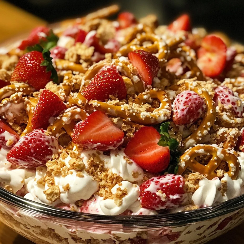 Delicious Strawberry Pretzel Salad with creamy filling and pretzel crust