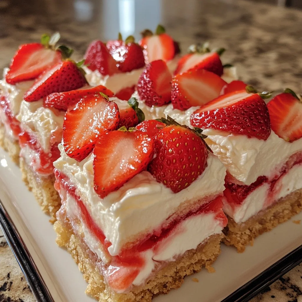 Delicious Strawberry Shortcake Bars with fresh strawberries and whipped cream.