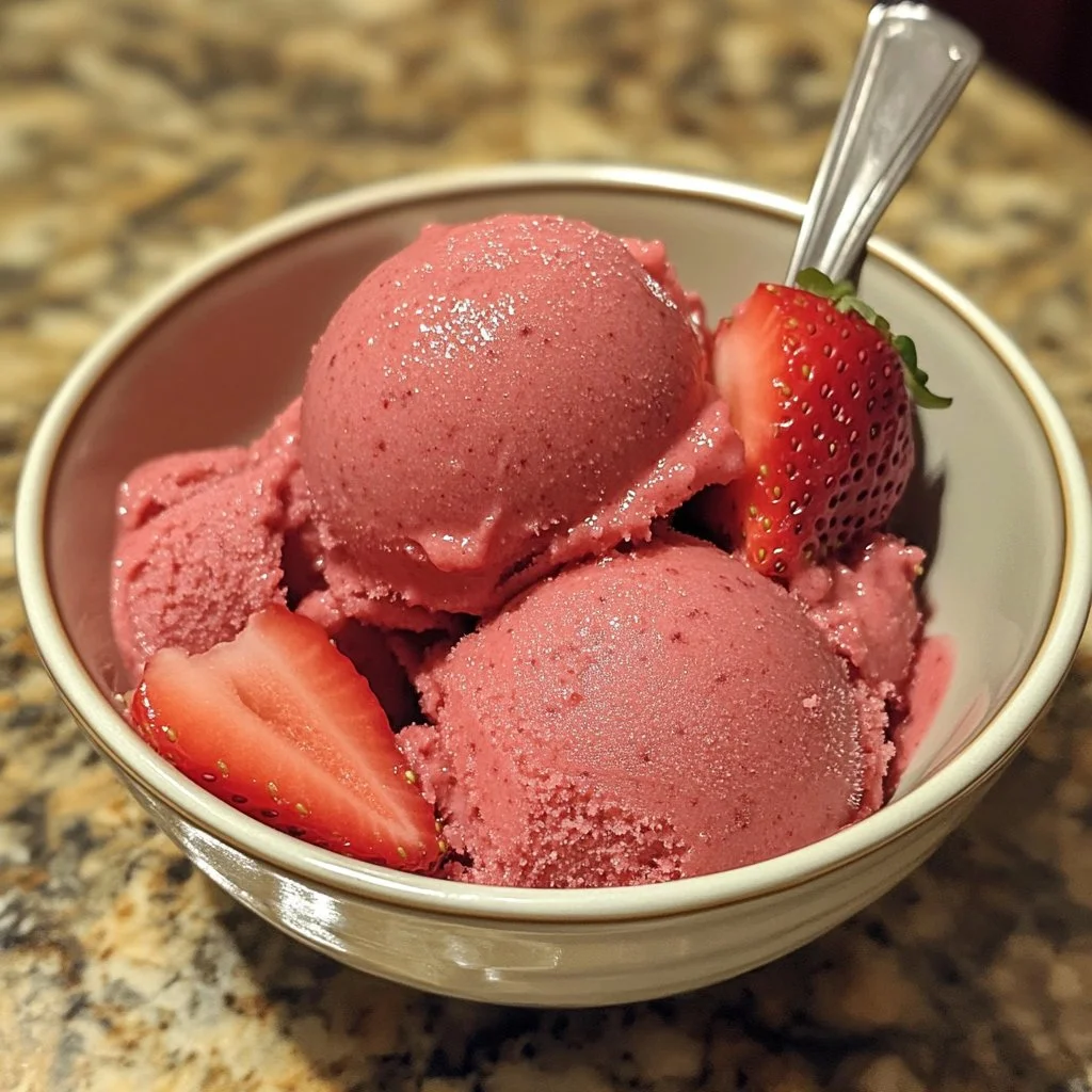Refreshing strawberry sorbet served in a bowl with fresh strawberries