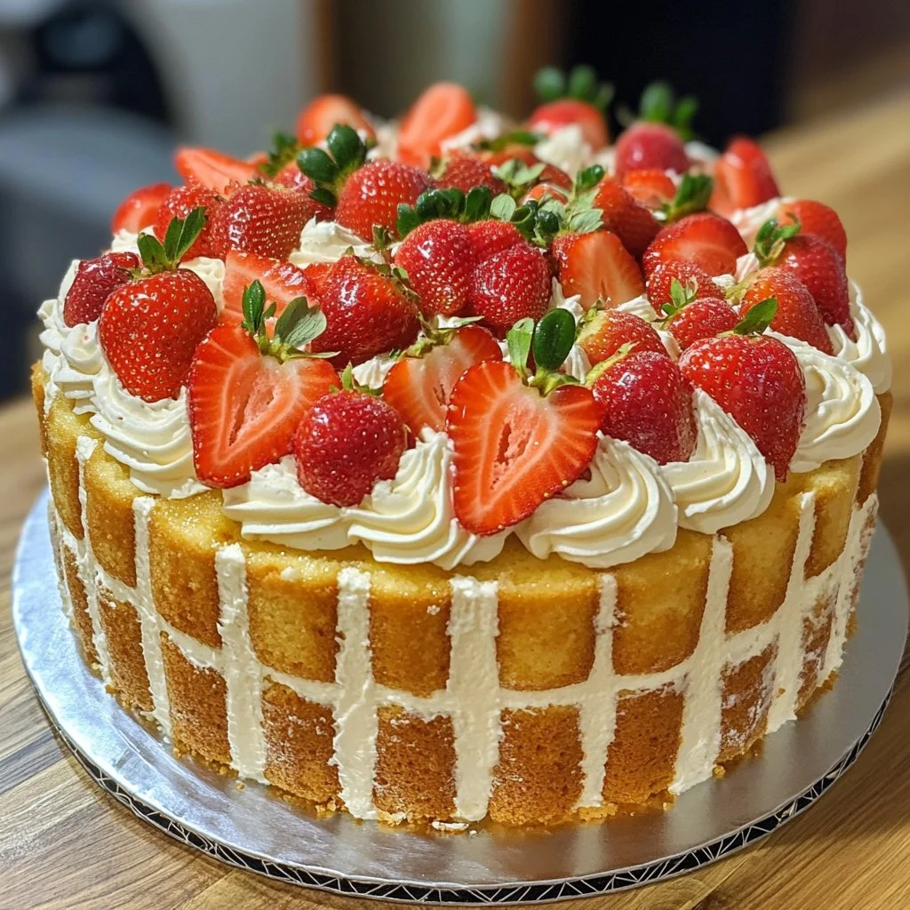 Delicious strawberry sponge cake topped with fresh strawberries and whipped cream
