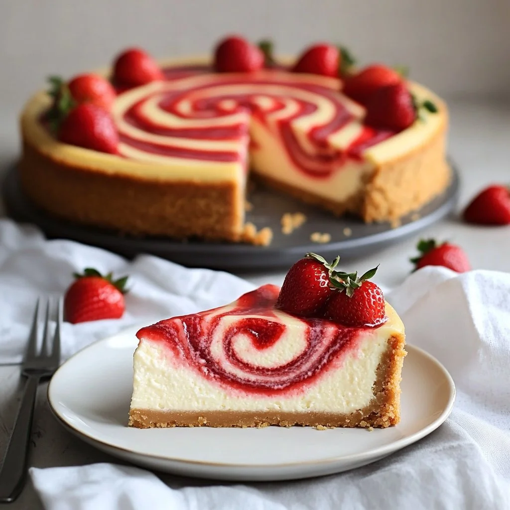 Delicious strawberry swirl cheesecake with fresh strawberries on top