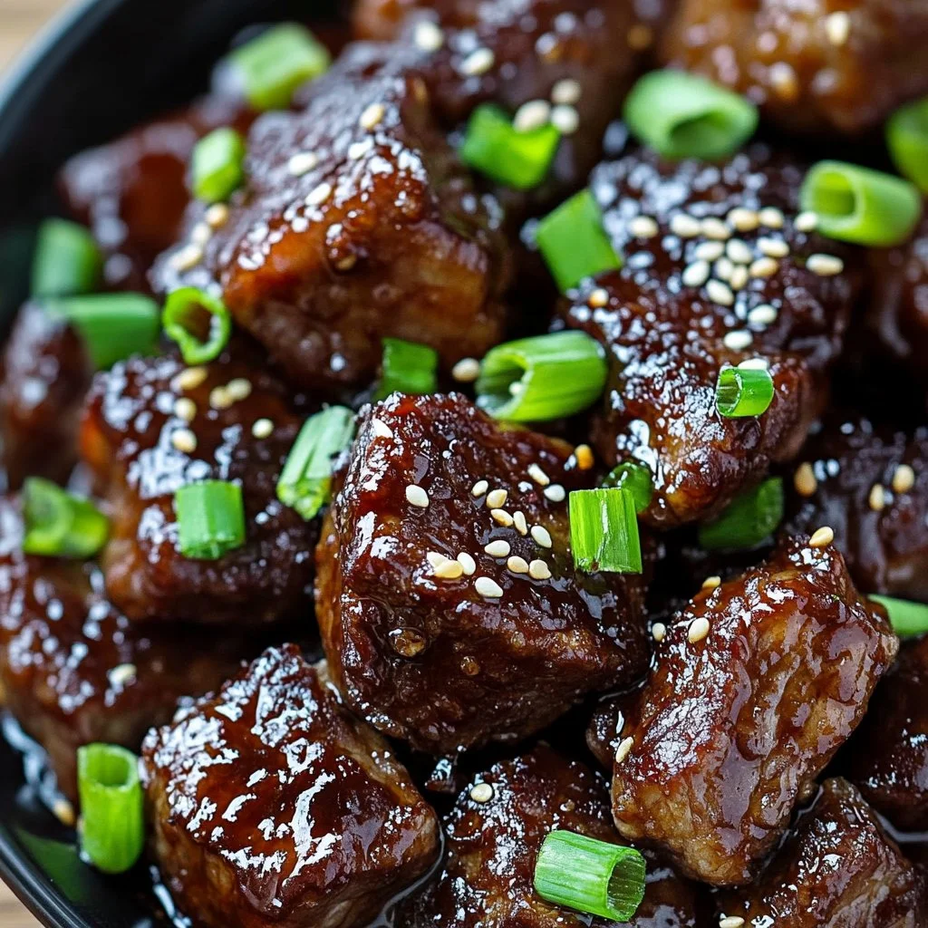 Delicious sweet and sticky steak bites served on a wooden platter