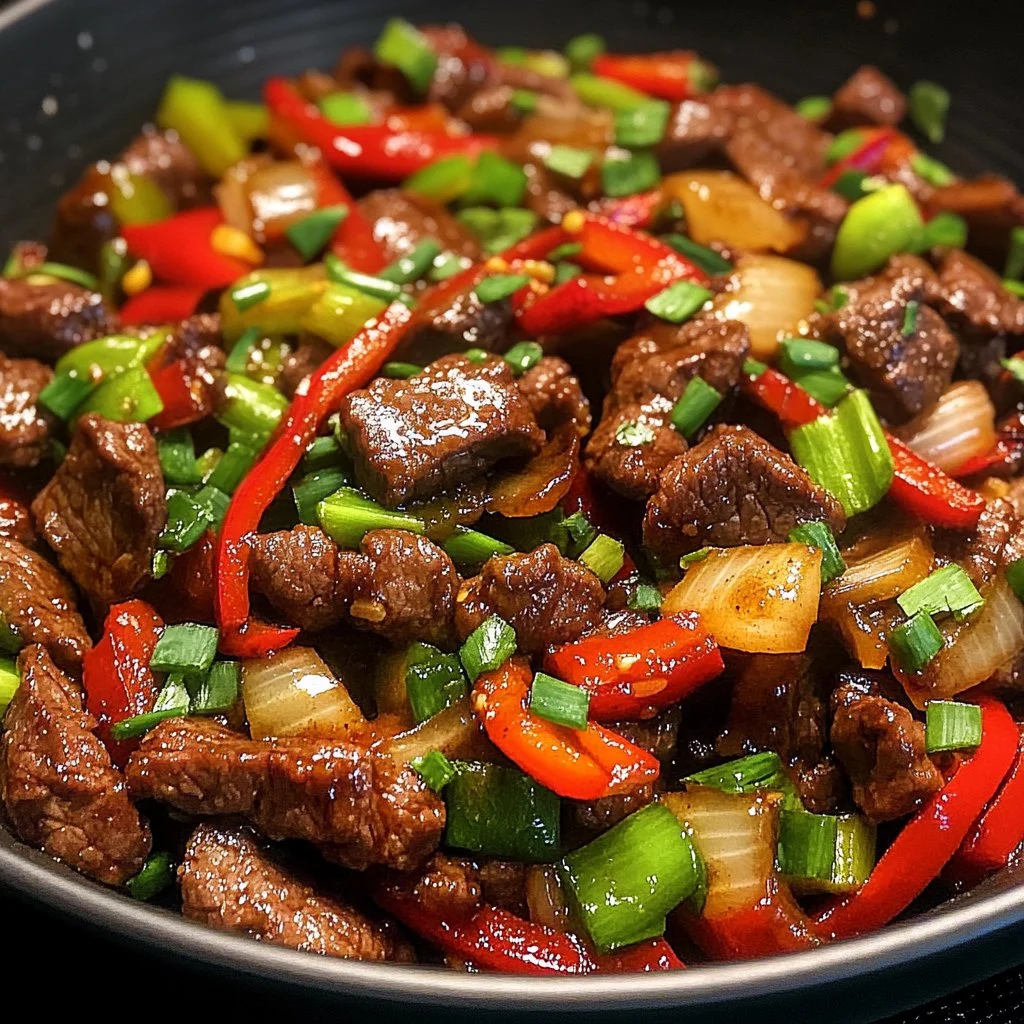 Delicious Szechuan Beef stir-fry with vibrant vegetables and aromatic spices