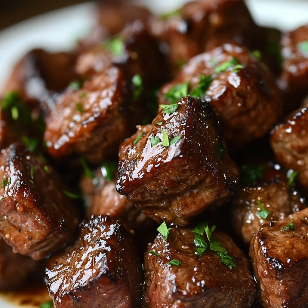 Plate of Texas Roadhouse steak bites garnished with herbs and served with dipping sauce.