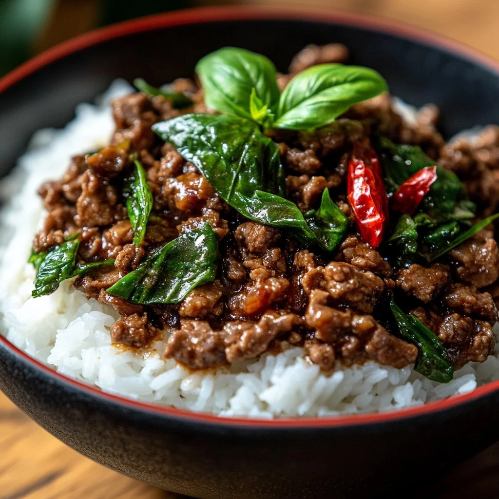 Thai Basil Beef Stir-Fry with colorful vegetables and fragrant basil leaves