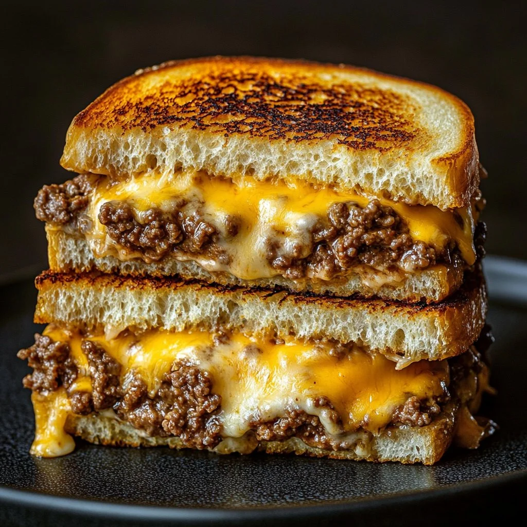 Cheesy ground beef melt topped with gooey cheese and served on toasted bread