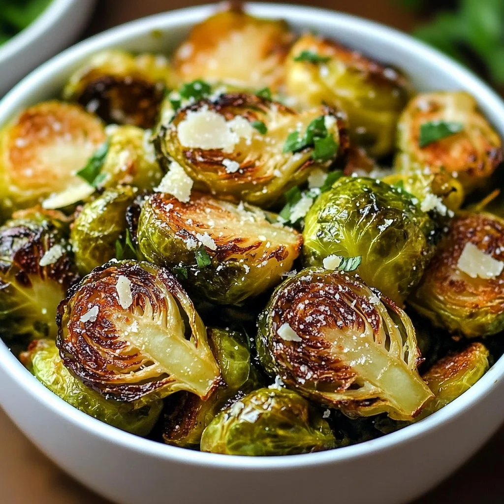 Delicious garlic parmesan roasted Brussels sprouts served on a plate
