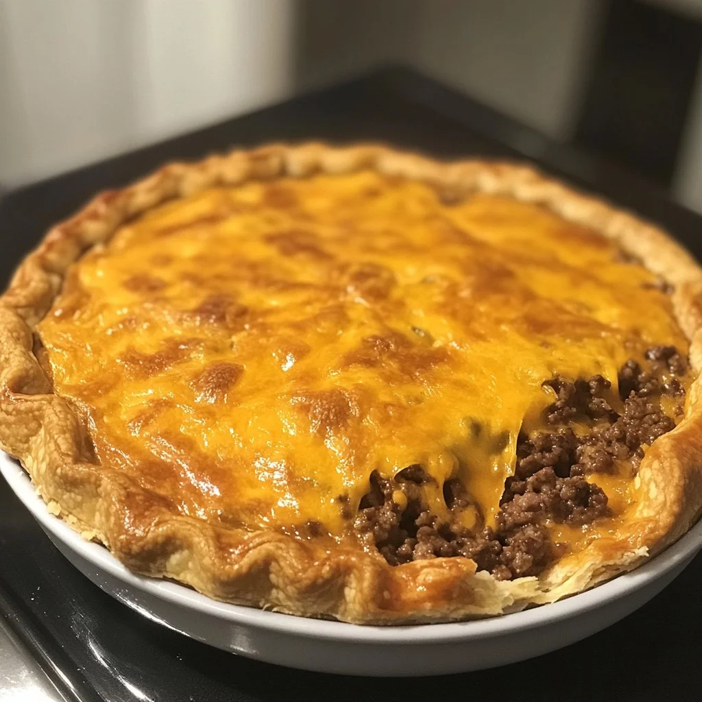 Delicious homemade cheeseburger pie served on a plate, garnished with fresh herbs.