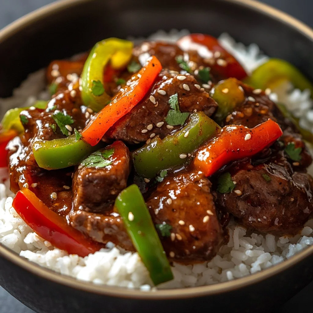 Delicious Vegan Pepper Steak served with colorful vegetables
