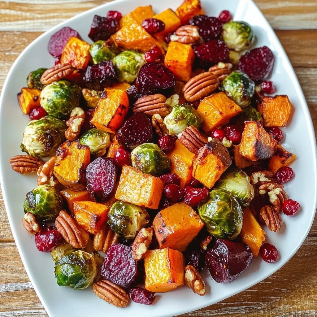 Winter Vegetable Salad with roasted butternut squash, Brussels sprouts, and beets.