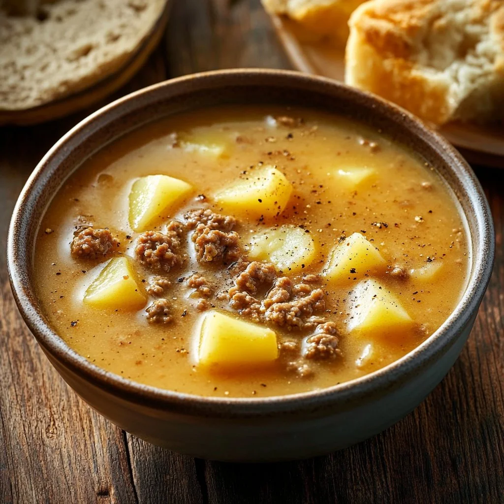 Delicious Wisconsin-Style Crockpot Creamy Potato Hamburger Soup in a bowl
