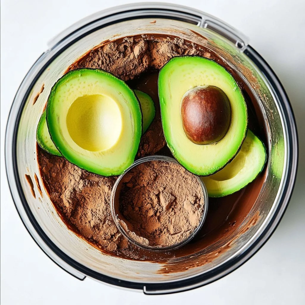 Delicious avocado chocolate pudding in a bowl, topped with cacao nibs.