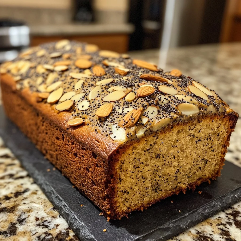 Sliced Almond Poppyseed Loaf Cake on a white plate with a fork