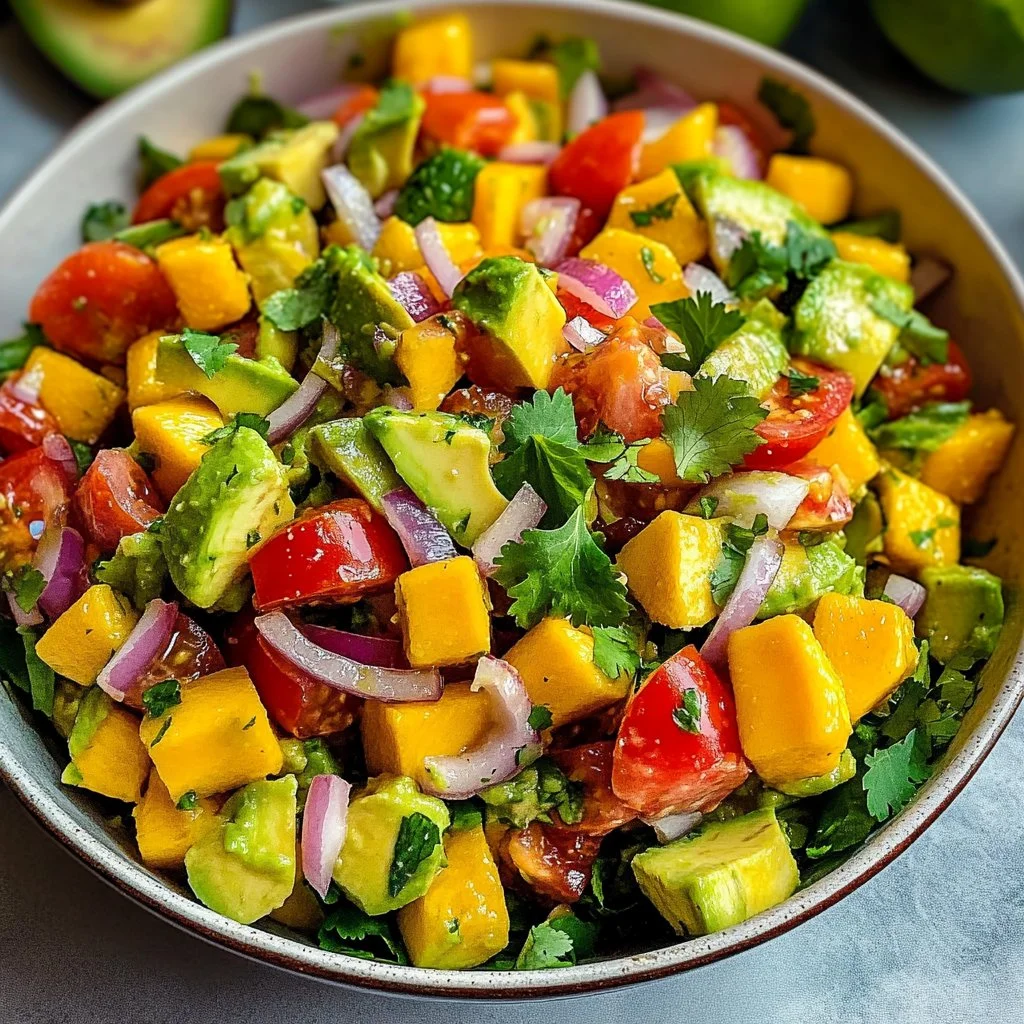 Colorful Avocado Mango Salad with fresh vegetables and dressing